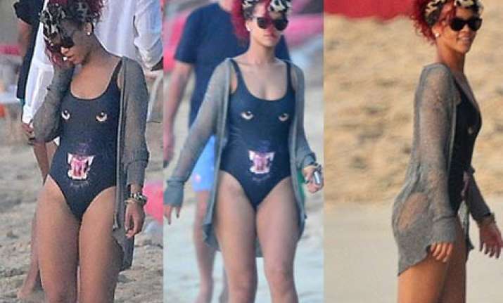rihanna wears a black panther swimsuit in barbados