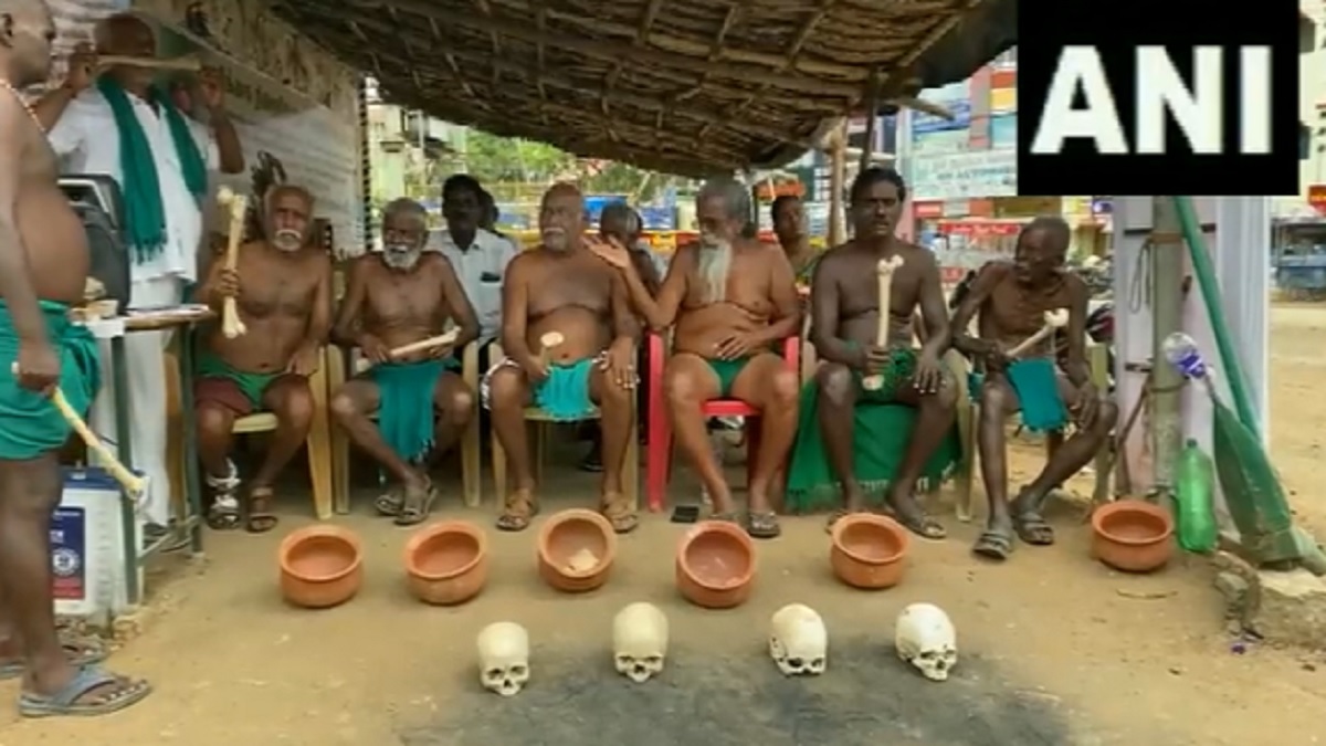 Tamil Nadu Farmers Stage Half Naked Protest With Human Skeletons Over