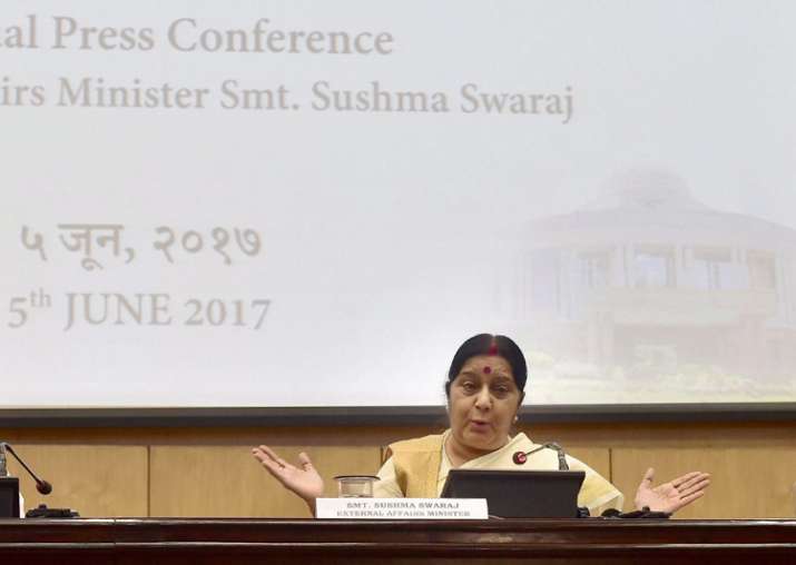 Sushma Swaraj addresses media in New Delhi on Monday
