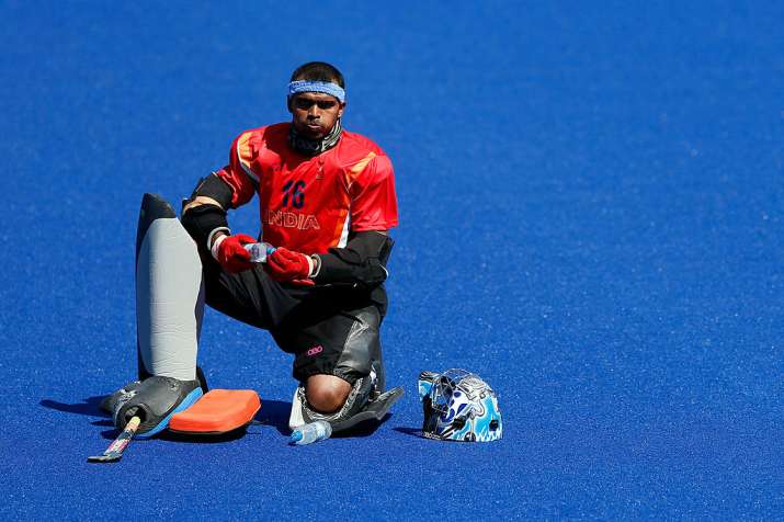 Sreejesh Parattu Raveendran of India looks on during