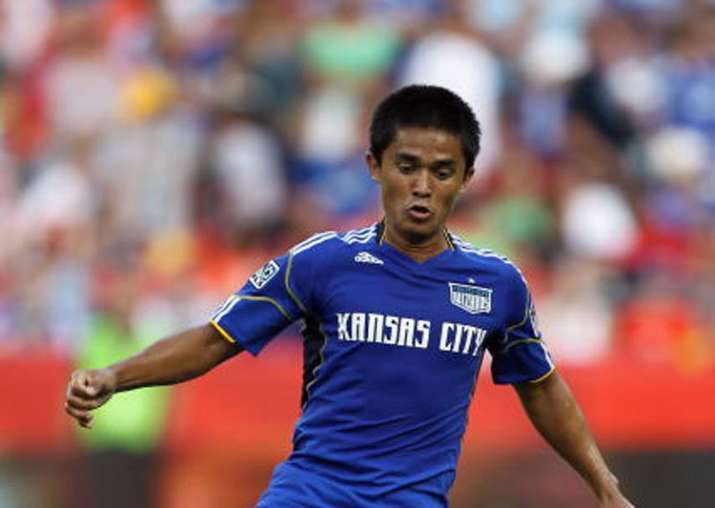 Sunil Chhetri controls the ball during the game