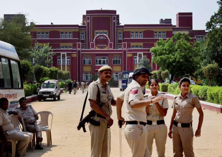 Gurugram Police officials outside Ryan International School
