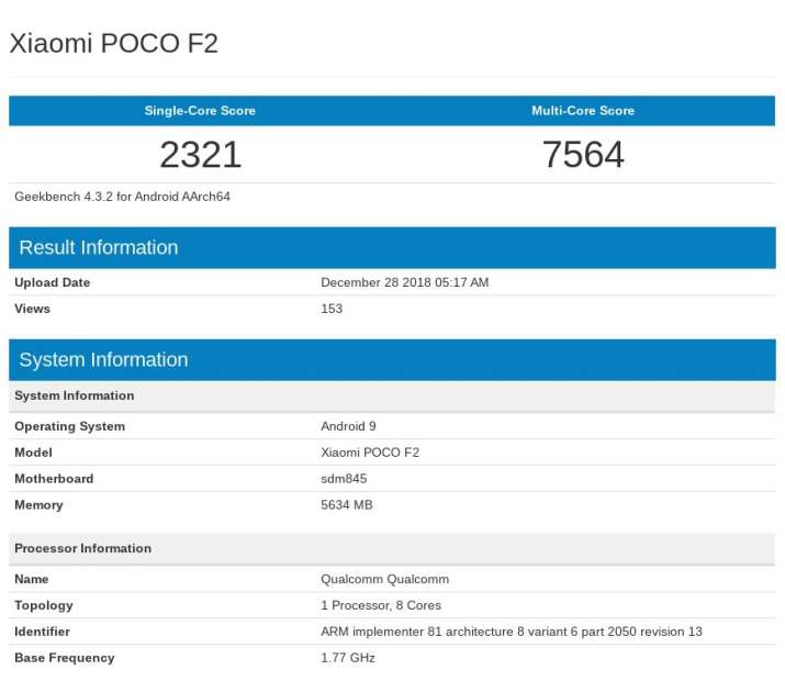 Poco F2 Spotted On Geekbench With Snapdragon 845 Processor And Android