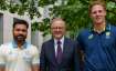 Rohit Sharma, Australia PM Anthony Albanese and PM XI captain Jack Edwards (From left to right).