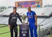 Kane Williamson and Shikhar Dhawan pose with the ODI series trophy on the eve of the 1st match at Ed