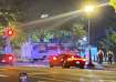 A box truck is seen crashed into a security barrier at a