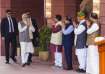 BJP leaders while greeting Prime Minister Narendra Modi at the entry gate of Parliament.