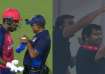 Sanju Samson having a word with umpire, Parth Jindal in
