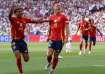 Dani Olmo (right) of Spain celebrates after scoring a goal against France in Euro 2024 semis.
