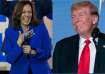 Democratic presidential nominee Vice President Kamala Harris speaks at a campaign event, left, and R