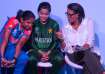 Harmanpreet Kaur and Fatima Sana with Mel Jones at Captain's Day.