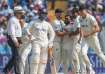 New Zealand players celebrate a wicket.