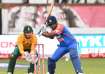 Sanju Samson plays a shot during the first T20I.