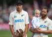 Tim Southee and Kane Williamson line up for New Zealand's national anthem.