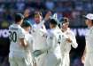 Mitchell Starc celebrates a wicket with his Aussie teammates.