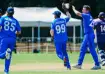 Italy players celebrate Ollie Hairs&#039; wicket during the T20