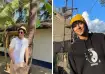 Ahaan Panday wearing a white tee and straw hat in a tropical setting, and a black hoodie