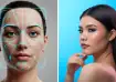 Close-up of woman&rsquo;s face with AI facial mapping technology and a model with flawless skin