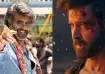 Rajinikanth smiling in a stylish look from Coolie and Hrithik Roshan in an intense scene