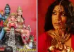 Statue of Lord Shiva, Goddess Parvati, and Lord Ganesha with a woman in traditional red attire