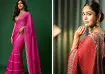Mrunal Thakur in a pink ruffled saree with mirrorwork blouse and in a red saree