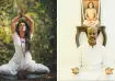 A woman in white practicing yoga in nature and Rajinikanth meditating indoors