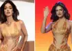 Harnaaz Sandhu wearing a gold and orange sheer gown while serving as Miss Cosmo International 2025