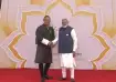 PM Modi welcomes Bhutan Prime Minister Tshering Tobgay at Bharat Mandapam. 