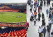 Narendra Modi Stadium (left), people in New Delhi Station (right)