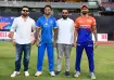 MCA President Ajinkya Naik, alongside Mumbai captains Rohit Sharma and Suryakumar Yadav, and Shreyas