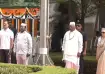 Congress leaders Rahul Gandhi (extreme left), Mallikarjun