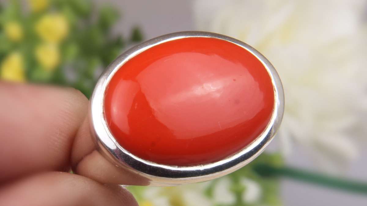 Red coral pearl Sterling silver gemstone ring at ₹9550 | Azilaa