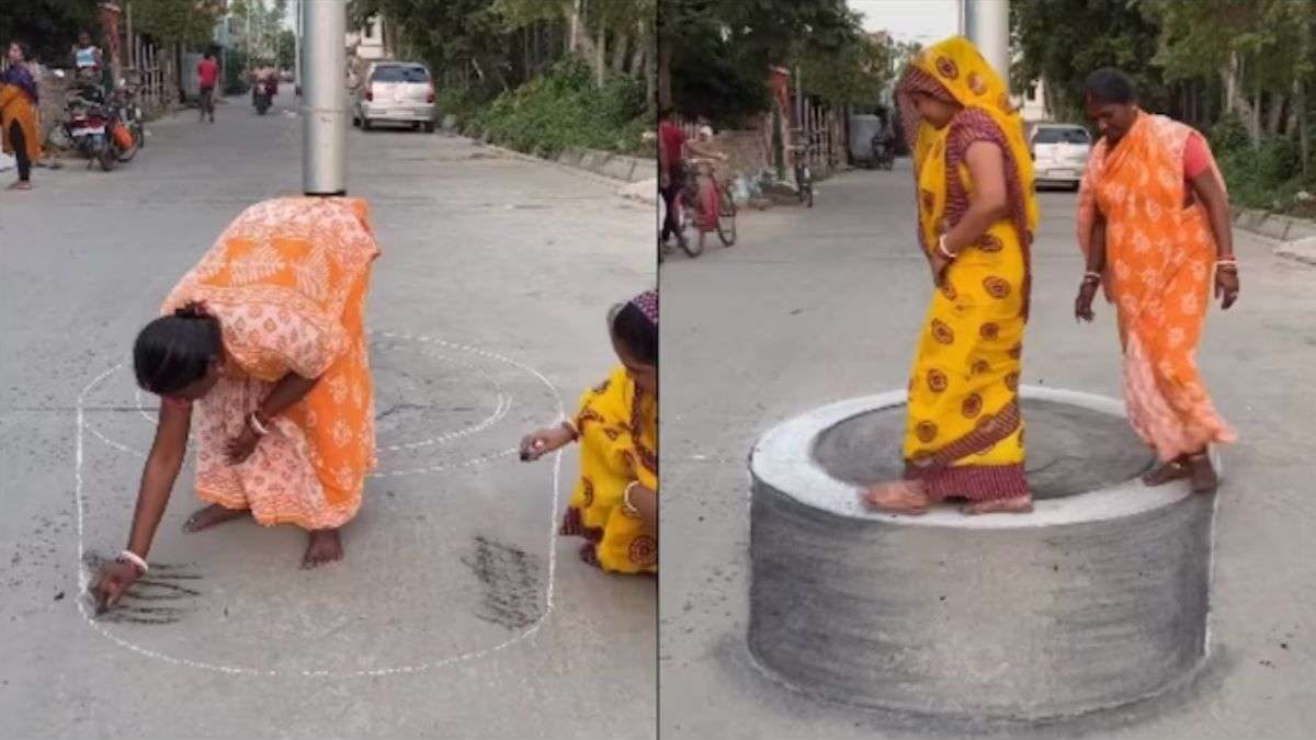 Watch 2 Desi Women Create Mind Boggling Optical Illusion On Road Netizens Are Amazed India Tv 