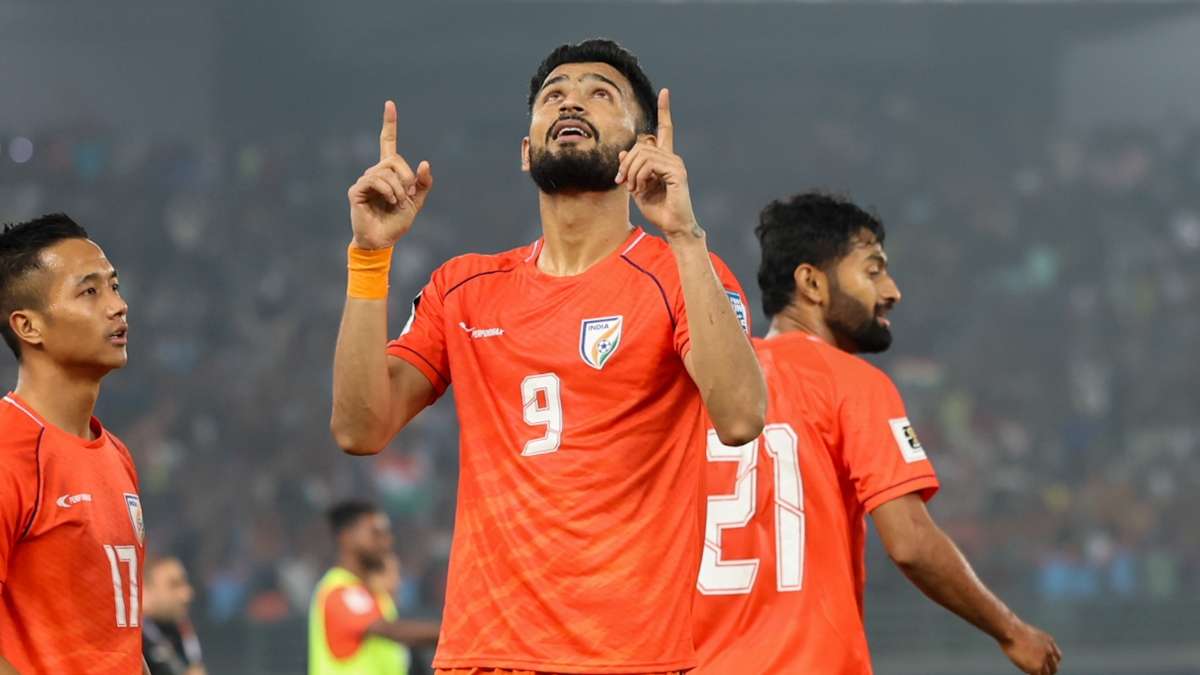 Manvir Singh after scoring India's first and only goal