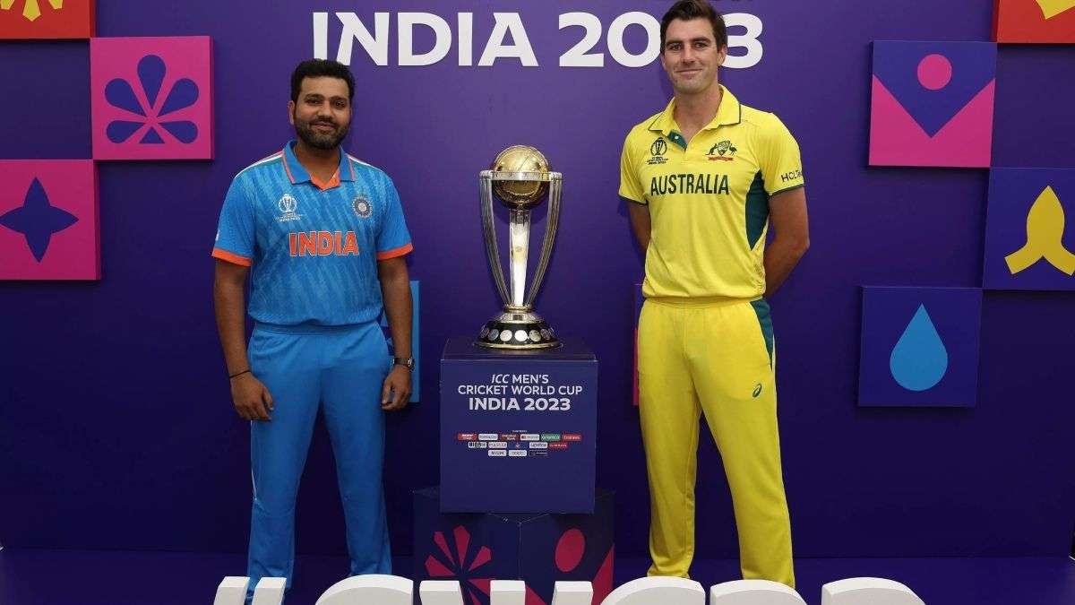 Rohit Sharma and Pat Cummins with World Cup 2023 trophy