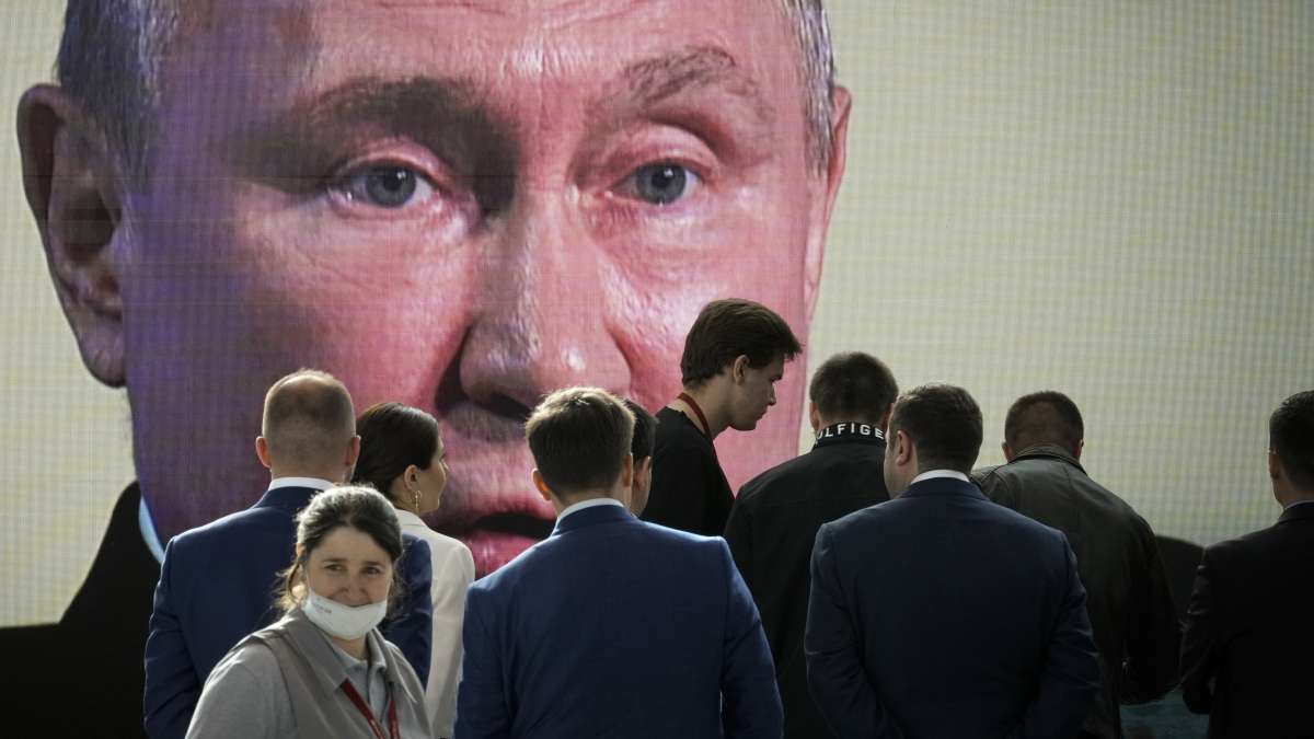 A poster of Russian President Vladimir Putin.