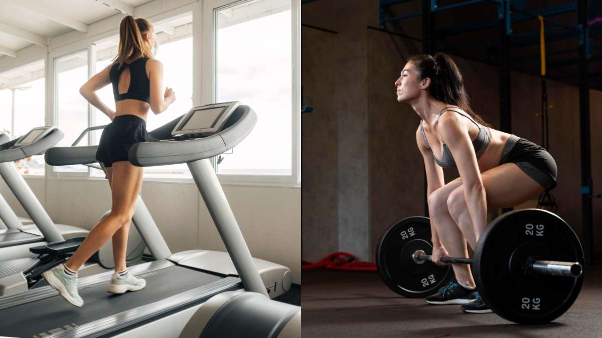 In left picture, woman is running on treadmill and in the right picture, woman lifting weights