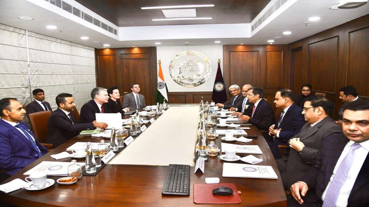 FBI Director Christopher during a high-level delegation meeting with NIA Chief Dinkar Gupta in New D