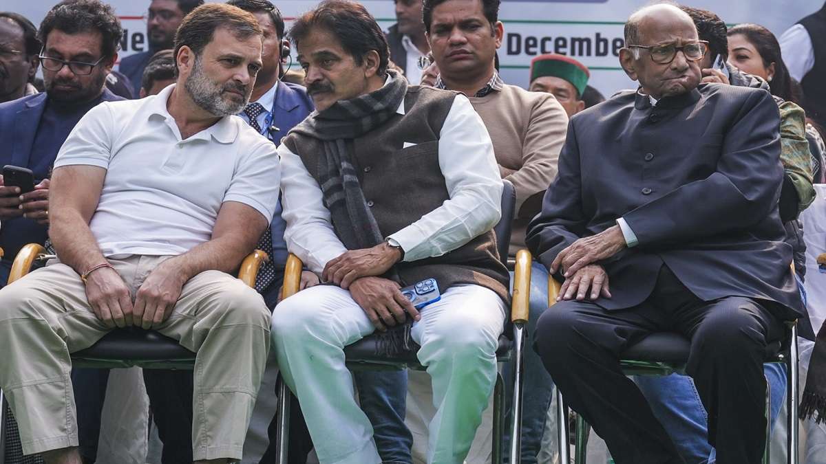 Congress leaders Rahul Gandhi, K.C. Venugopal and NCP chief