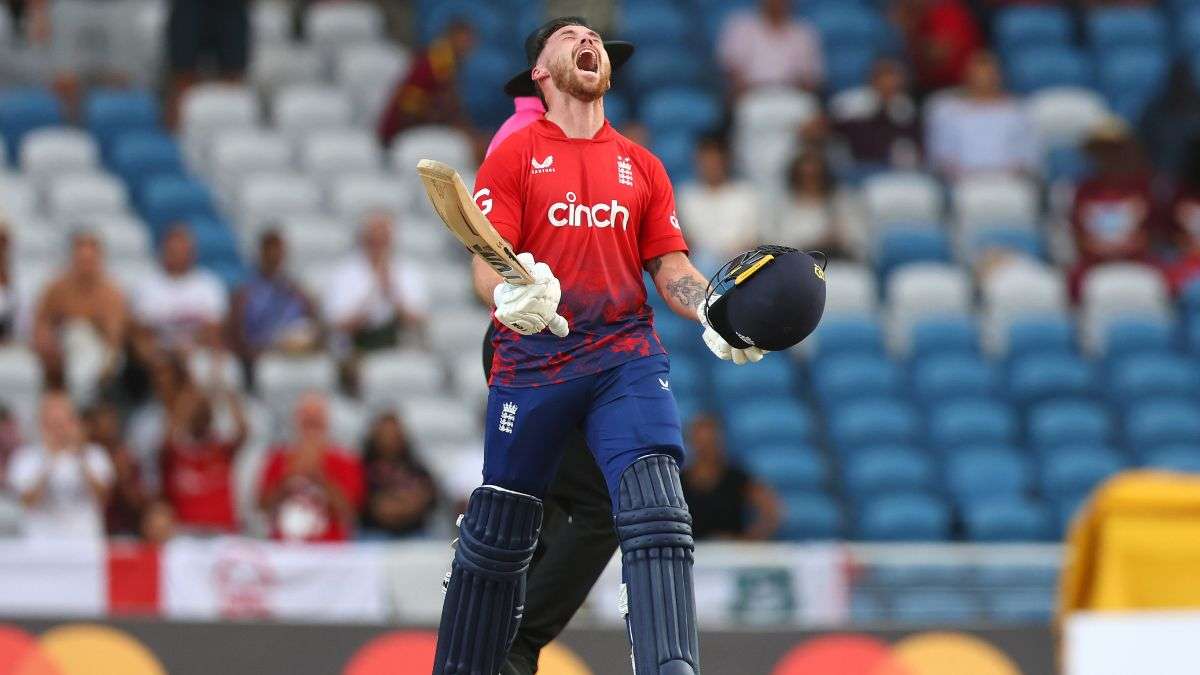 Phil Salt celebrates after scoring a record-breaking ton.