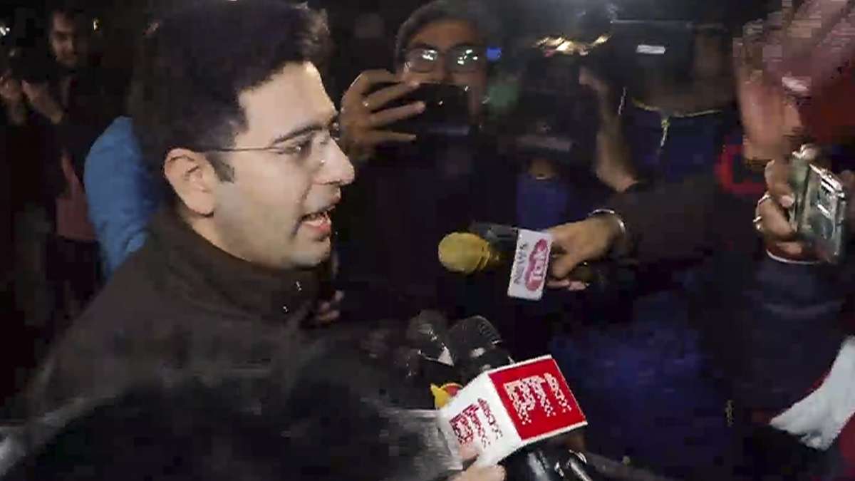 AAP leader Raghav Chadha speaks with the media after the