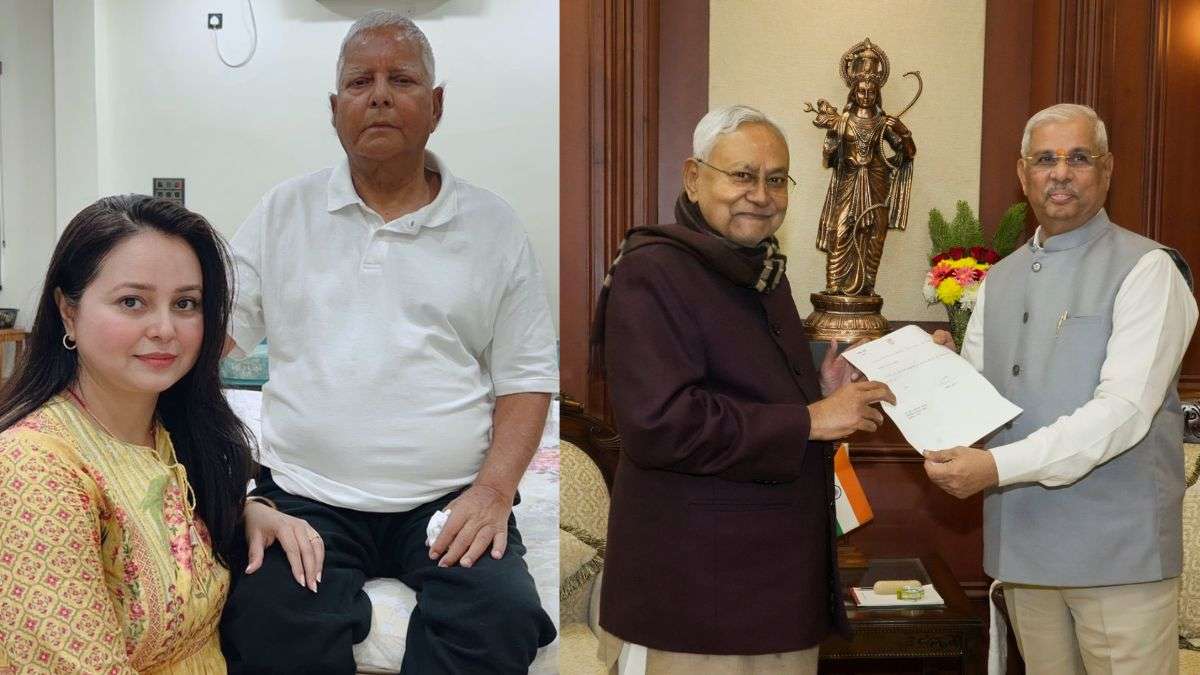 Rohini Acharya with Lalu Yadav (L) and Nitish Kumar tendering his resignation letter to Bihar Govern