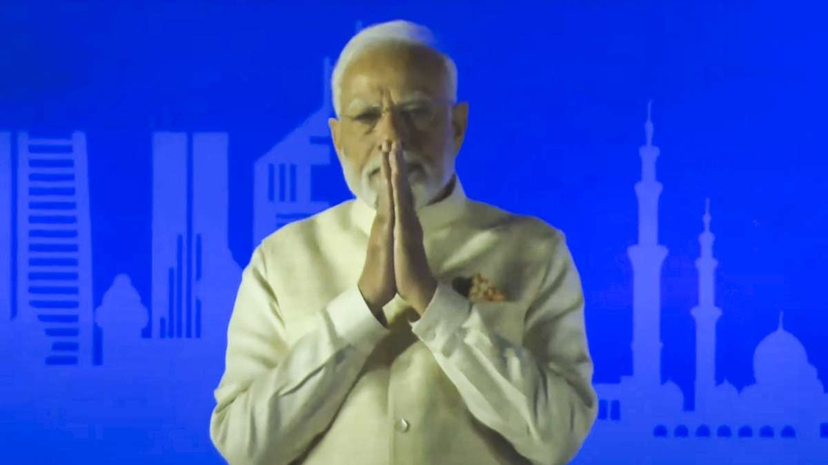 Prime Minister Narendra Modi speaks during the Ahlan Modi