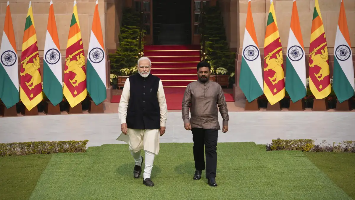 Sri Lankan President Anura Kumara Dissanayake with PM Modi at Hyderabad House in New Delhi