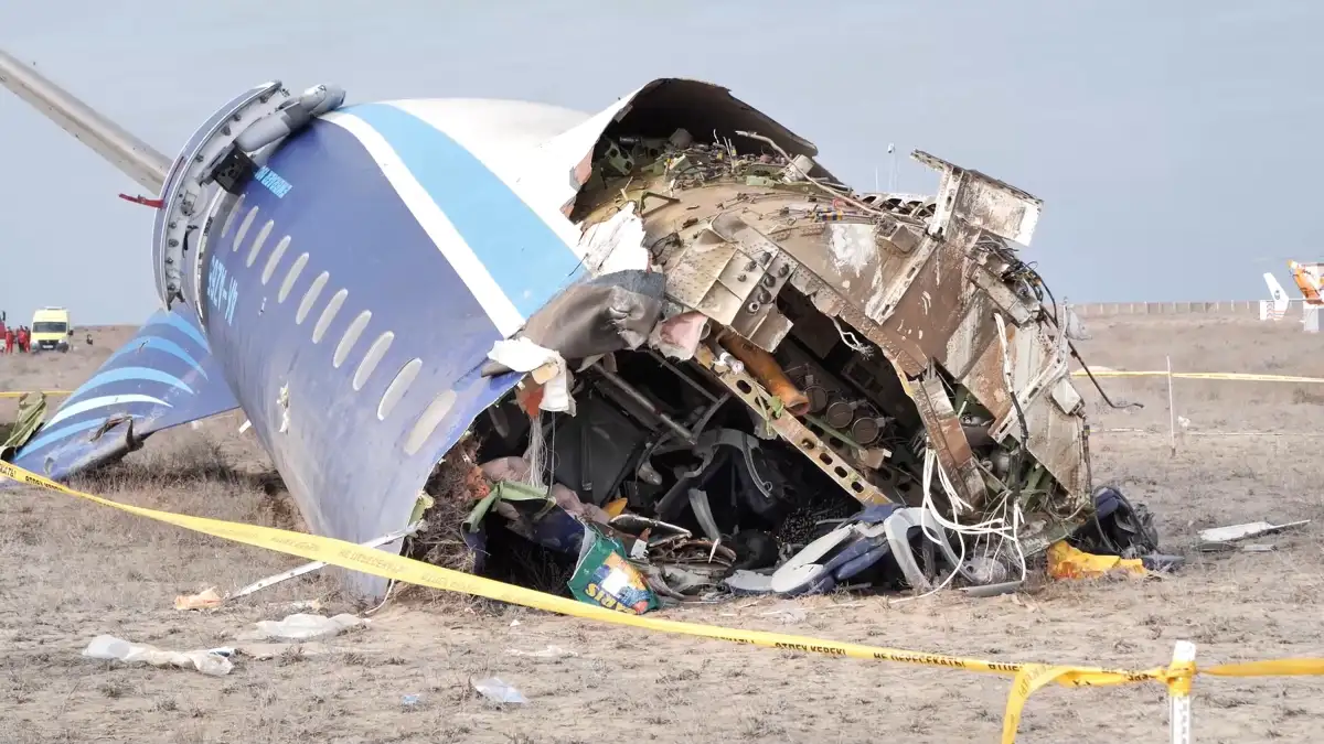 The wreckage of Azerbaijan Airlines Embraer 190 lays on the ground near the airport of Aktau, Kazakh
