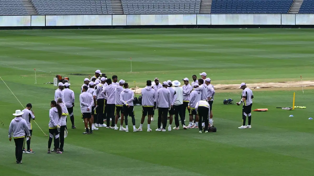 Indian cricket team players at the Melbourne Cricket Ground.