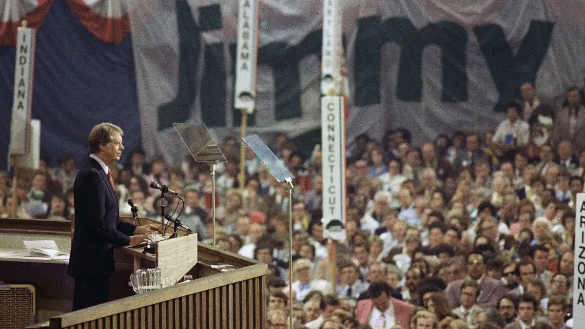 Jimmy Carter gives his acceptance speech after accepting the Democratic nomination for president on