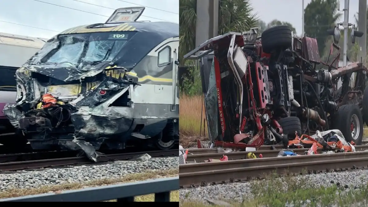 The nose of the train and truck were badly damaged after
