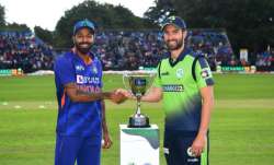 Hardik and Balbirnie posing with the trophy ahead of 1st T20.