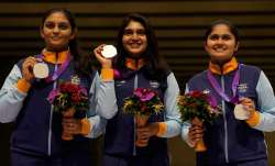 India's women's team in 10m Air Pistol Team Women's Final